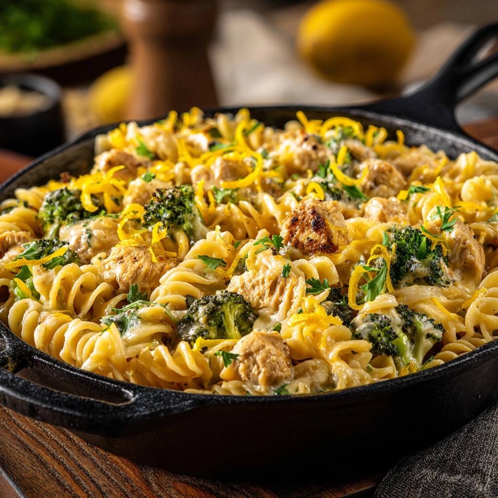 Zitronen-Hähnchen-Pasta mit Brokkoli, nahaufnahme der cremigen Sauce mit Hähnchenstücken, Brokkoli und Zitrusschale garniert.