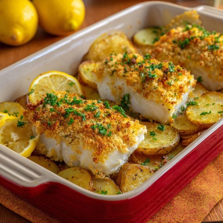 Zitronen-Knoblauch-Fisch mit Kartoffeln als knuspriges Hauptgericht im Backblech, garniert mit Petersilie und Zitrone.