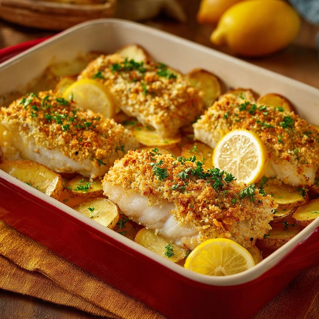 Zitronen-Knoblauch-Fisch mit Kartoffeln, knusprig überbacken und in einer roten Auflaufform mit Zitronenscheiben serviert.