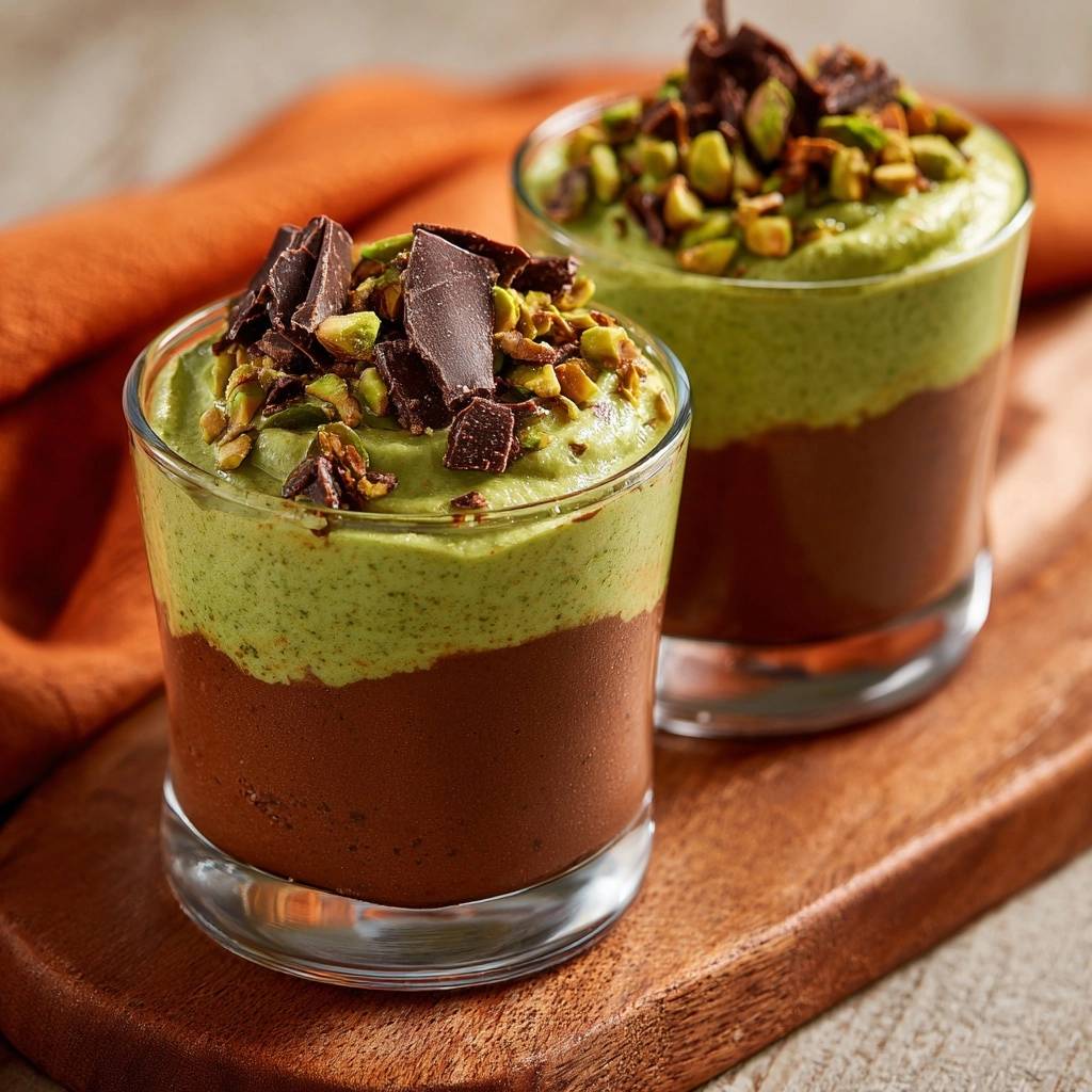 Zweischichtiges Pistazien-Schoko-Mousse garniert mit gehackten Pistazien und Schokostückchen in einem Glas.