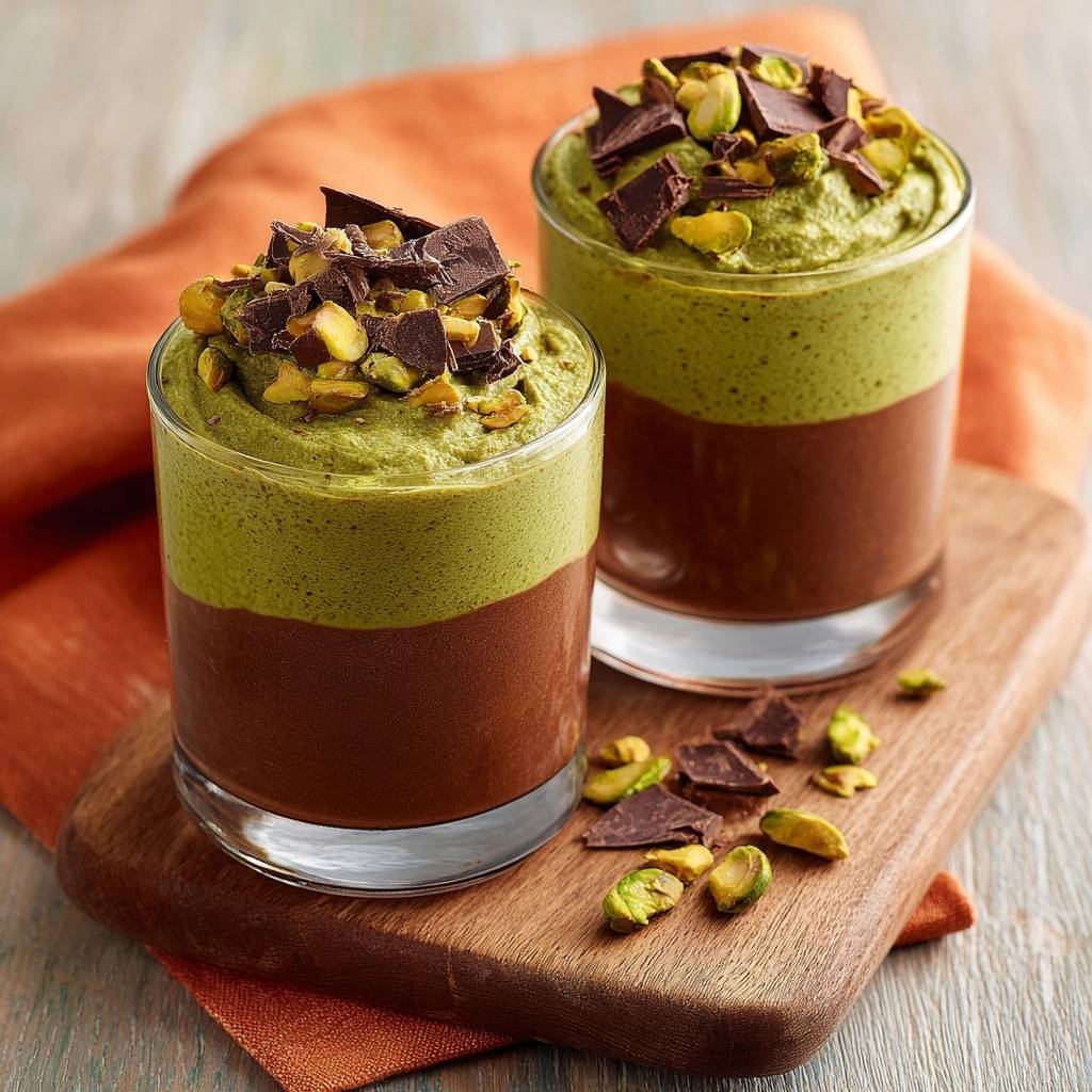 Zweischichtiges Pistazien-Schoko-Mousse, garniert mit gehackten Pistazien und Schokoladenstückchen in einem Glas auf einem Holzbrett.