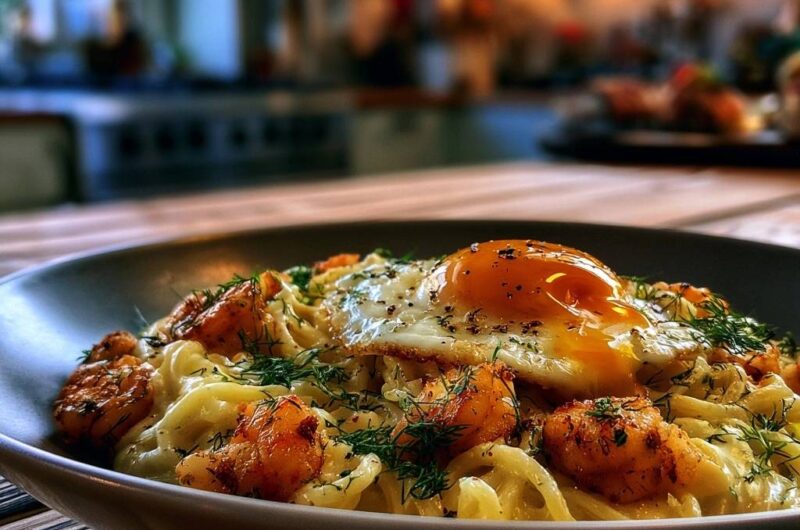 Cremige Garnelen-Pasta mit Spiegelei