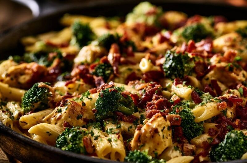 Cremige Penne mit Brokkoli, Hähnchen und Speck