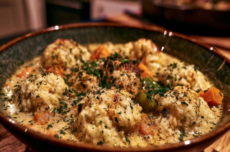 Cremiger Hähncheneintopf mit Kräuter-Mehlklößchen