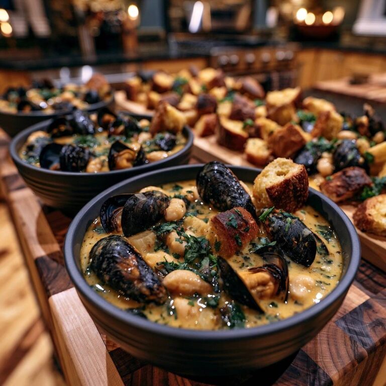Cremiger Muscheltopf mit Röstbrot und weißen Bohnen