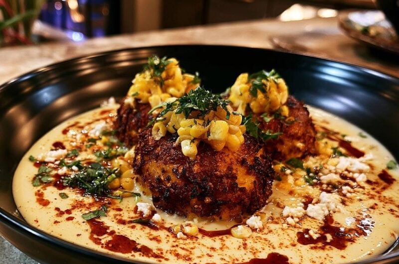 Goldbraune Mais-Küchlein auf cremiger Polenta