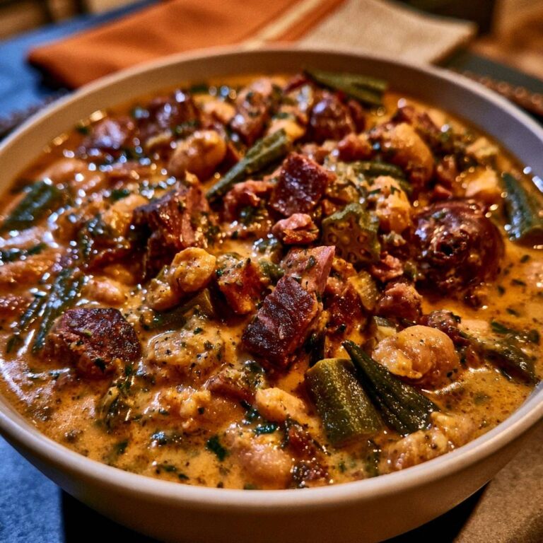 Herzhaftes Okra-Gumbo mit Rindfleisch und Garnelen