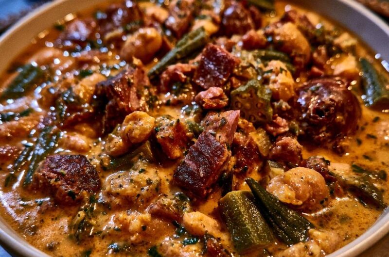 Herzhaftes Okra-Gumbo mit Rindfleisch und Garnelen