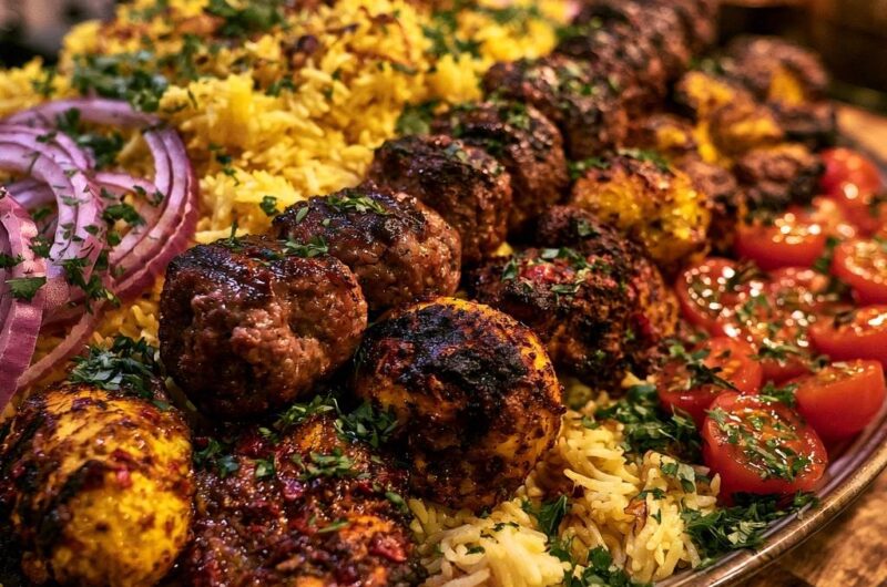 Orientalische Grillplatte mit Safranreis