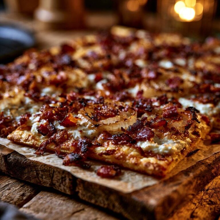 Rustikaler Flammkuchen mit Speck und Zwiebeln: Knusper-Garantie
