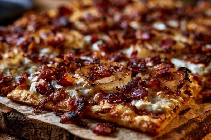 Rustikaler Flammkuchen mit Speck und Zwiebeln
