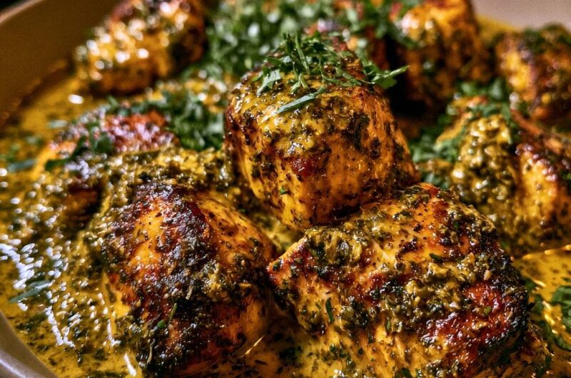 Würzige Hähnchenbissen in cremiger Kräuter-Kurkuma-Sauce