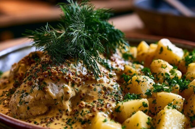Zartes Kabeljaufilet in Senf-Dill-Rahm