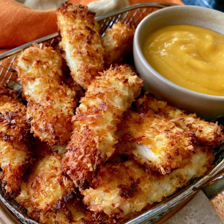 Knusprige Kokos-Hähnchen-Streifen mit Mango-Dip aus dem Air Fryer